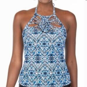 Beautiful Island Waves Blue Geometric Rincon Tankini Top Size 10